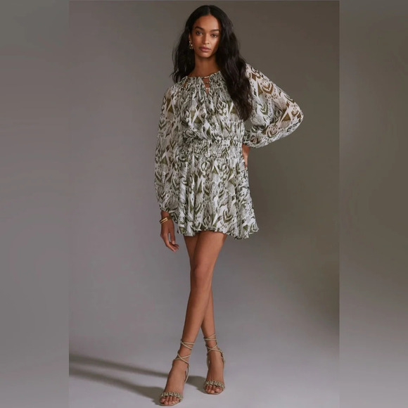 NWT MISA Crewneck Ikat Printed Mini Dress Size XS Moss Olive - Picture 6 of 15